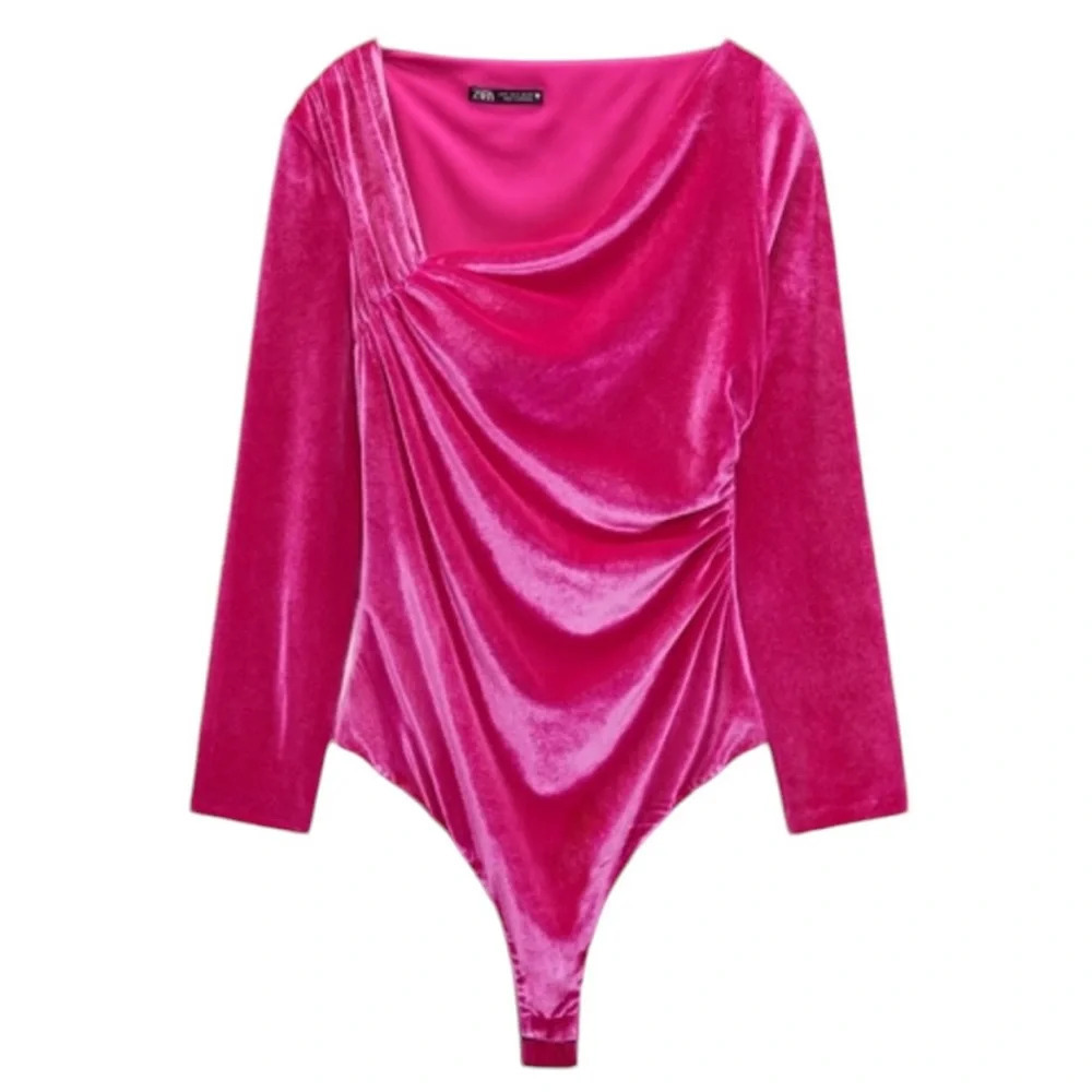 ZARA Pink Velvet Bodysuit Asymmetric Neck Long Sleeve Magenta Pink Size S